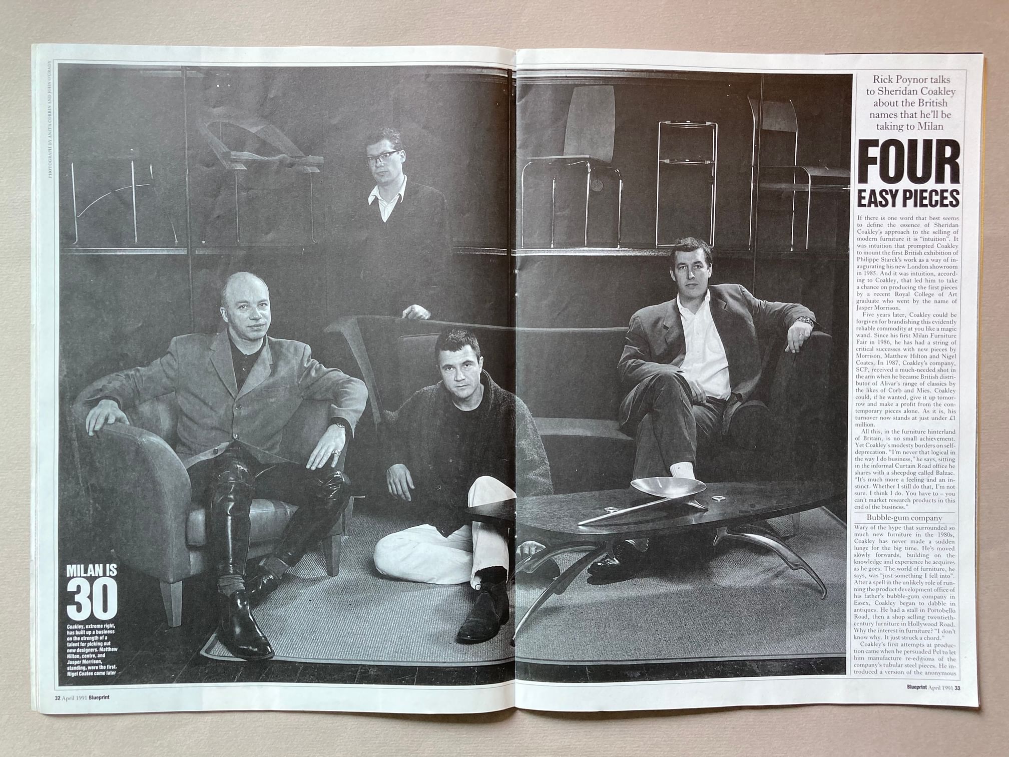 Four Easy Pieces article in Blueprint Magazine April 1991. Featuring a portrait at SCP Curtain Road of Nigel Coates, Jasper Morrison, Matthew Hilton and Sheridan Coakley.