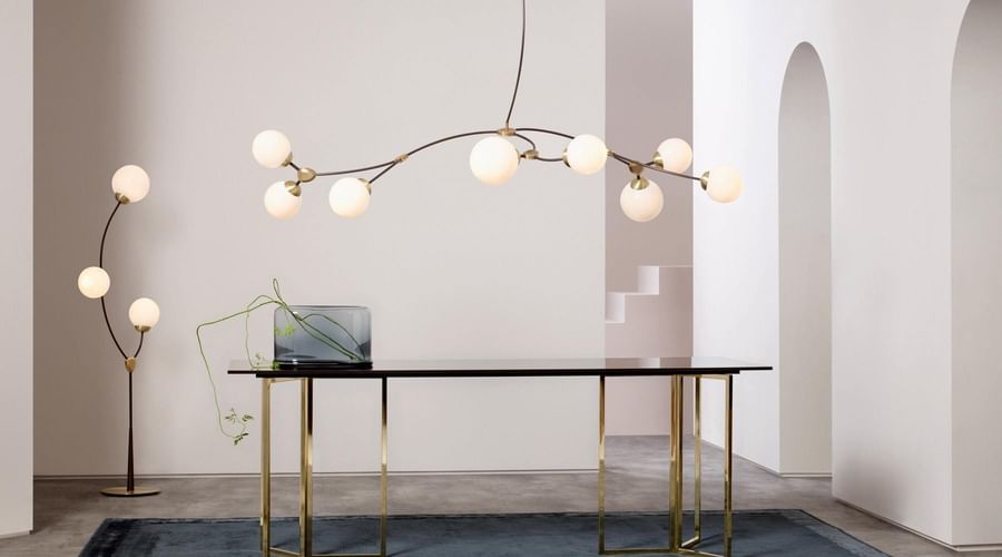 The Ivy 8, inspired by new growth during the spring in London, features curved branches of metalwork with a choice of opal or smoked glass shades. This sculptural piece gives designers new opportunities for lights to be used in less static compositions.The Ivy Pendant 8, by CTO Lighting, is part of the Ivy collection.