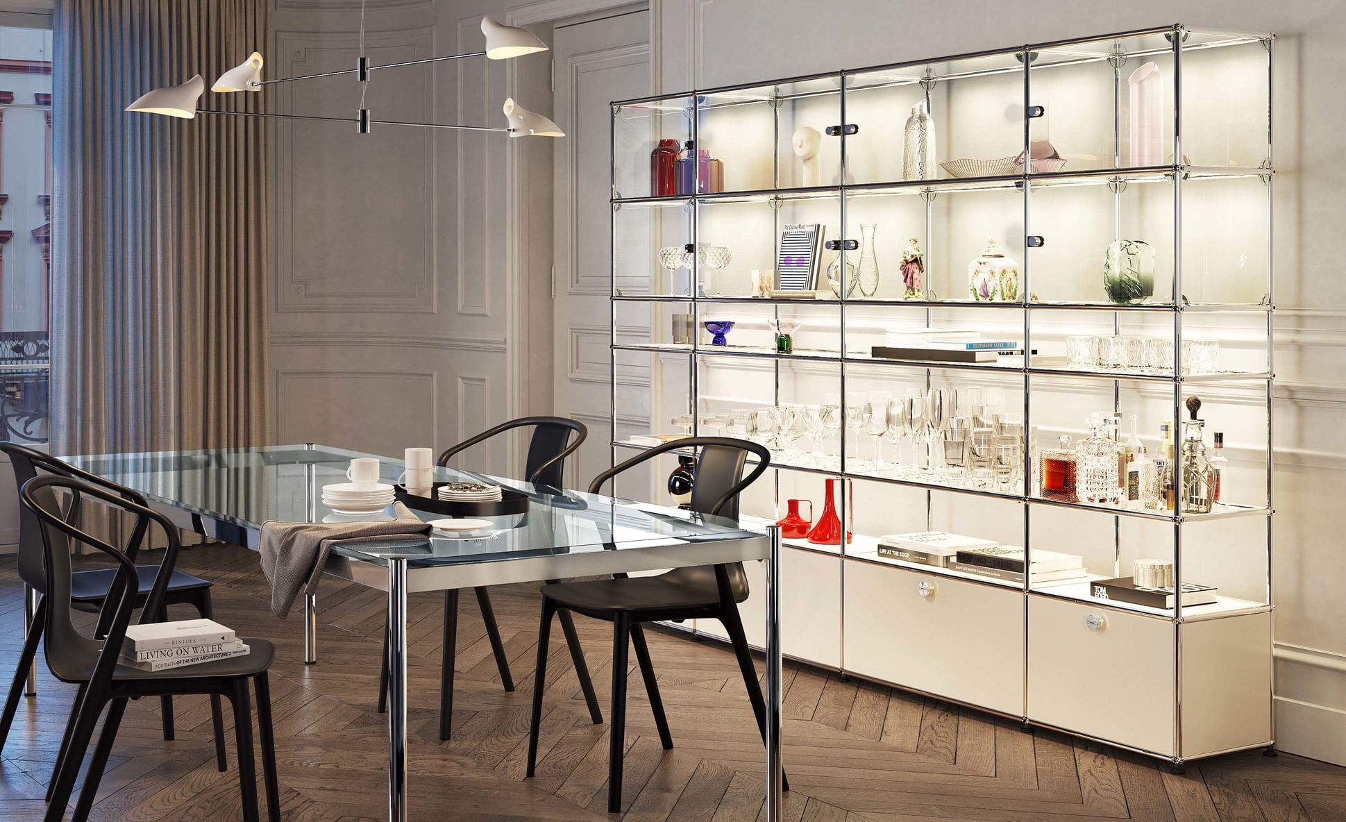 Customized Haller Shelving with Glass Table